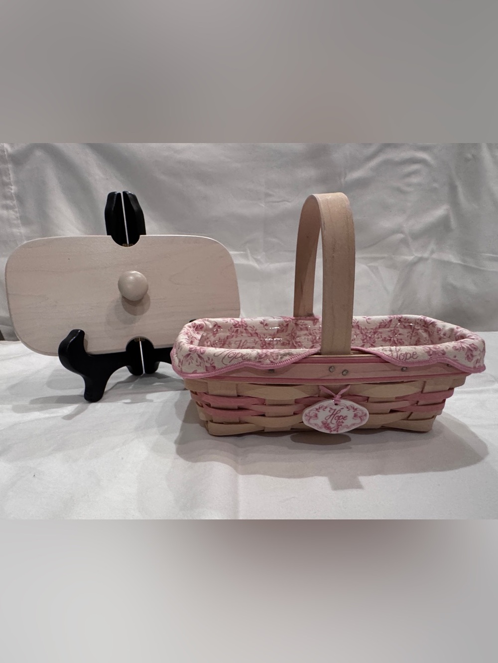 Longaberger Pink and Natural Woven Basket with Floral Fabric Liner
